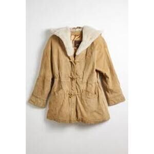Vintage WILSONS Leather Toggle Chore Coat Barn Jacket Faux Fur Size Large L Hood